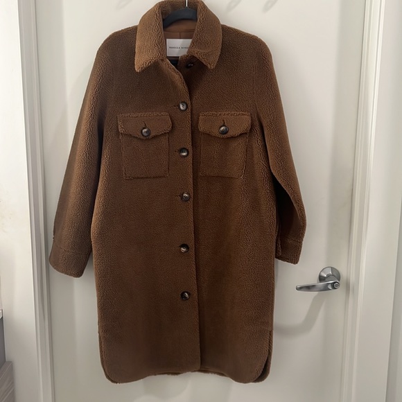 Rebecca Minkoff Long Brown / Tan Teddy Coat (Faux Sherpa) w/ Tortoise Buttonw - Picture 6 of 8